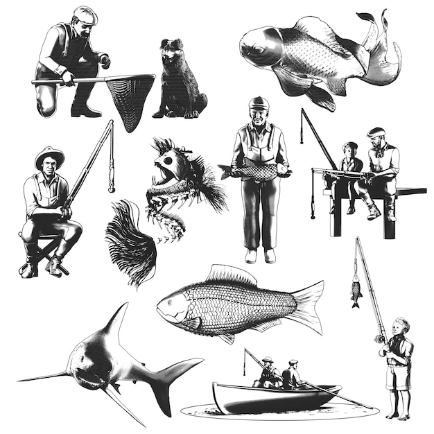 Conjunto de ilustraciones aisladas de pescadores y peces