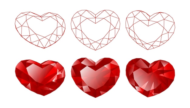 Vector conjunto de ilustraciones aisladas de piedras preciosas en forma de corazón