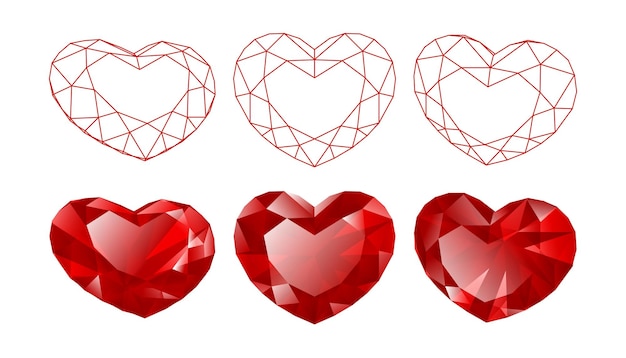 Conjunto de ilustraciones aisladas de piedras preciosas en forma de corazón