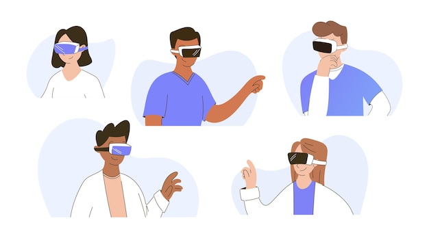 Conjunto de ilustraciones aisladas de vectores planos de médicos, personas, diversos profesionales de la salud y un paciente utilizando tecnología de realidad virtual.