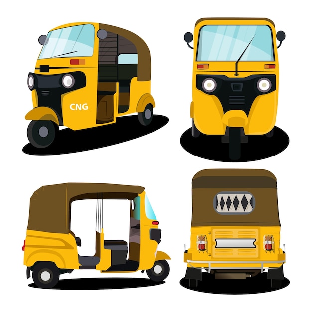 Conjunto de ilustraciones amarillas de auto rickshaw en India.