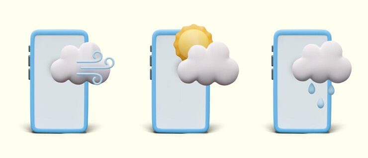 Vector conjunto de ilustraciones para la aplicación de teléfono de pronóstico del tiempo mockup vectorial de iconos meteorológicos de teléfonos inteligentes