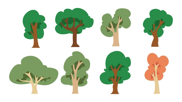 Conjunto de ilustraciones de árboles planos simples