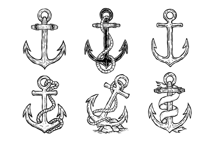 Vector un conjunto de ilustraciones de arte de línea de ancla vintage dibujadas a mano