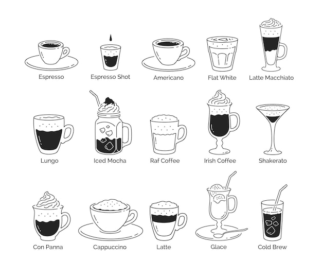 El conjunto de ilustraciones de arte de línea minimalista vectorial de tazas de café