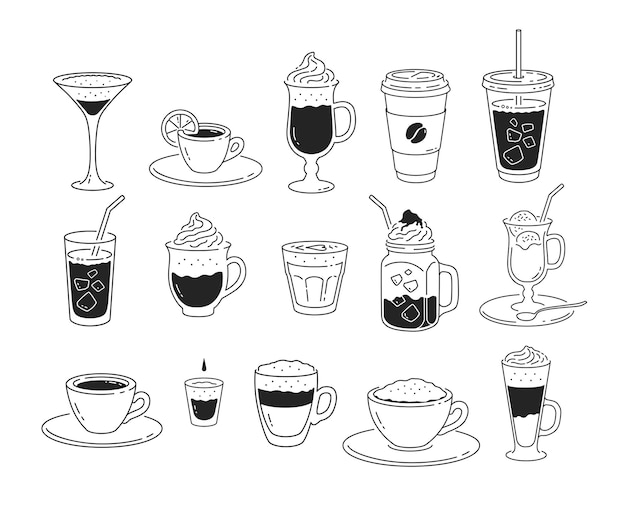 Conjunto de ilustraciones de arte de línea de tazas de café