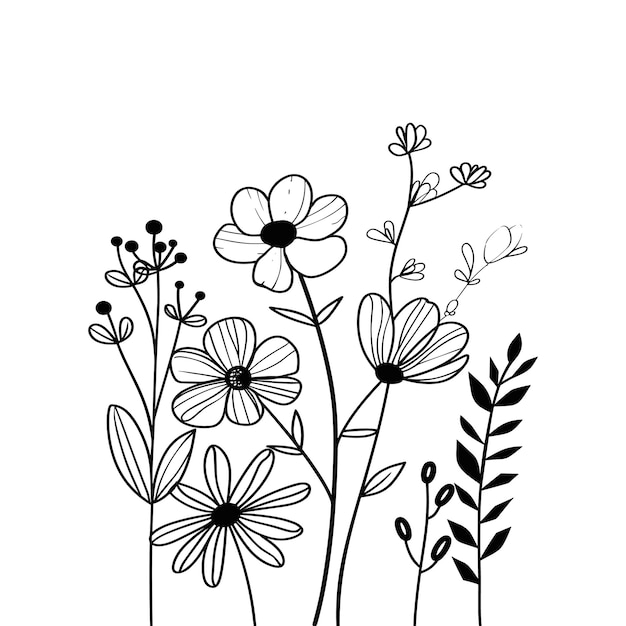 conjunto de ilustraciones de arte vectorial de flores de color negro con hojas