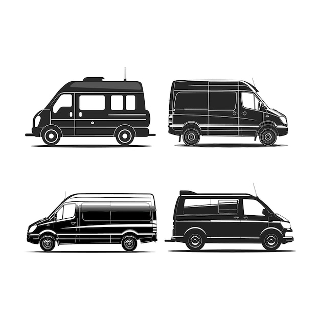 conjunto de ilustraciones de arte vectorial de silueta de minibus de carga negro y blanco