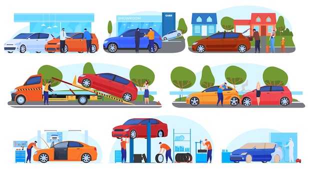 Vector conjunto de ilustraciones de automóviles, compra, venta, viaje, accidente, evacuación, reparación, pintura. ilustración