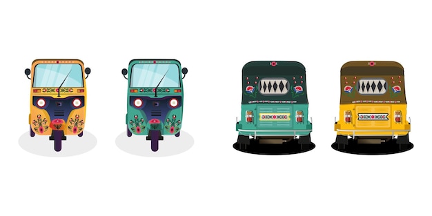 Conjunto de ilustraciones de autorickshaw amarillas y verdes en la India con pintura de rickshaw en la vista frontal