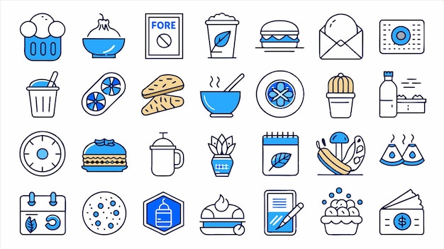 un conjunto de ilustraciones azules y blancas de alimentos y bebidas