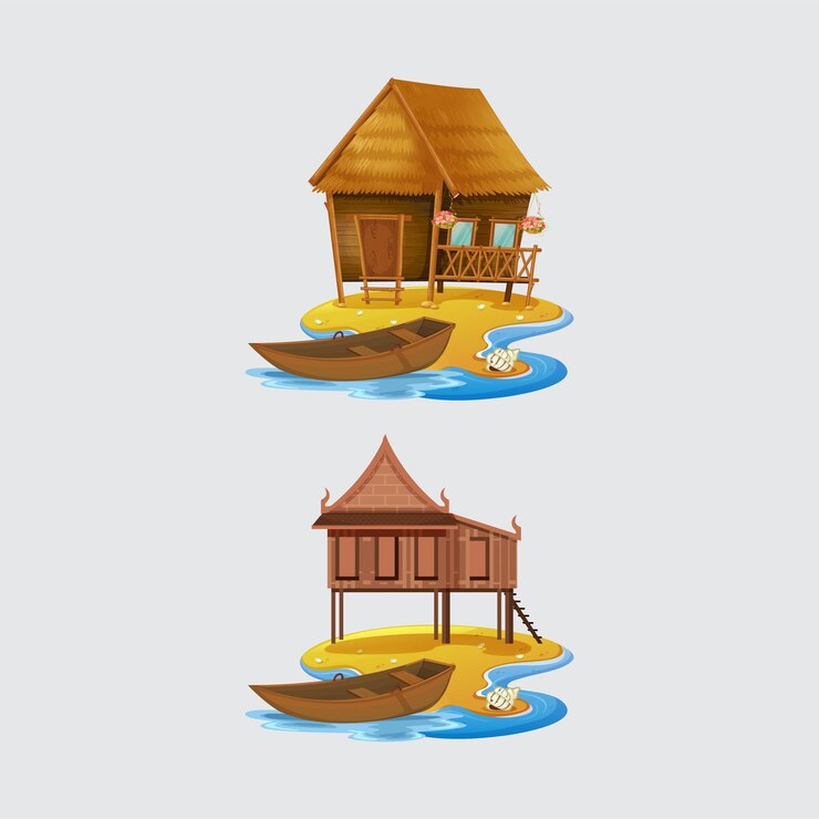 un conjunto de ilustraciones de barcos y una casa con un barco en el agua