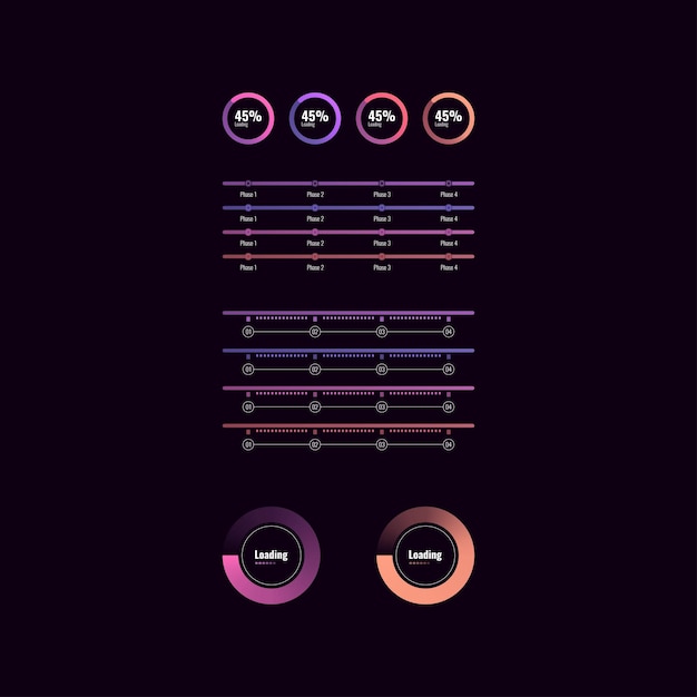 Conjunto de ilustraciones de la barra de progreso de datos de neón futurista
