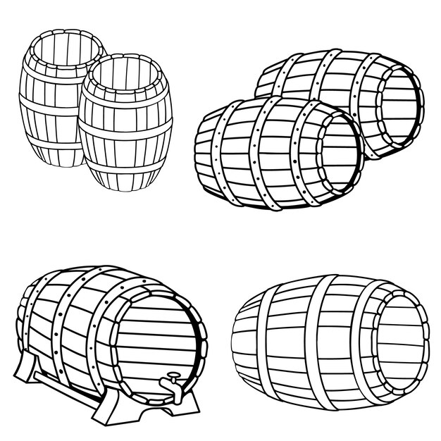 Conjunto de ilustraciones de barril de cerveza de madera en estilo grabado Elemento de diseño para logotipo etiqueta cartel camiseta Ilustración vectorial