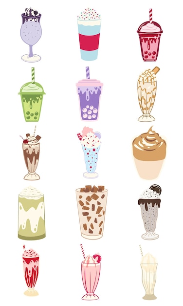 Conjunto de ilustraciones de bebidas dulces dibujadas a mano