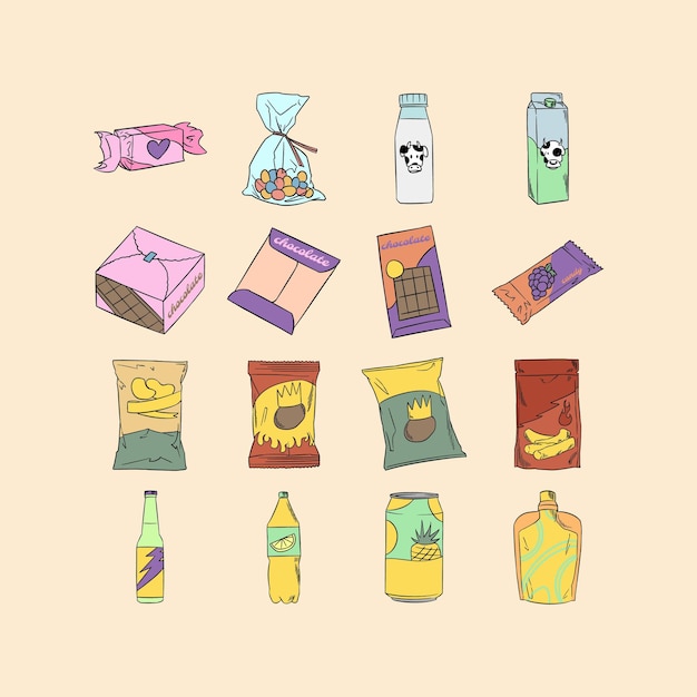 Conjunto de ilustraciones de bebidas o chips de productos expendedores