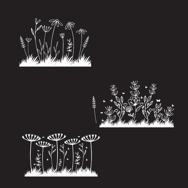 Un conjunto de ilustraciones blancas de flores con mariposas y mariposas.