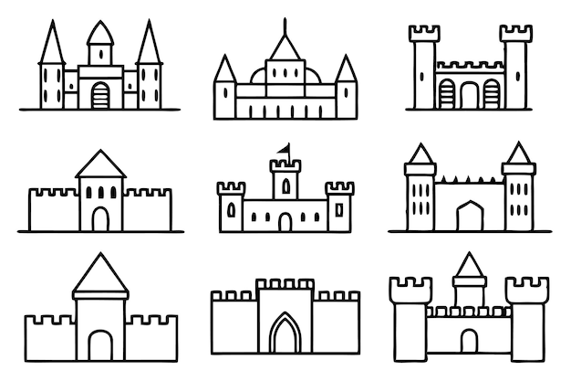 un conjunto de ilustraciones en blanco y negro con la imagen de un castillo