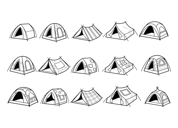 Conjunto de ilustraciones de bocetos de contorno vectorial de tiendas de campamento