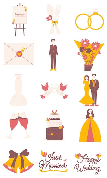 Conjunto de ilustraciones de bodas cálidas y lindas