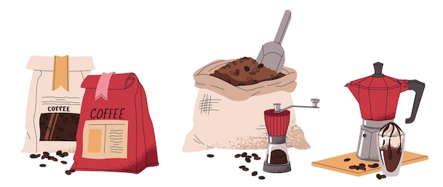 Conjunto de ilustraciones de una bolsa de café y una olla de moka en un estilo de garabateo plano bebida de café descanso de café composición sabrosa para una tarjeta postal de pegatina de menú, etc.