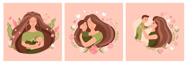 Conjunto de ilustraciones bonitas para el día de la madre en fondo rosado tarjetas de felicitación vectoriales para madres y bebés