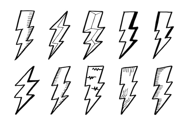 Conjunto de ilustraciones de bosquejo de símbolo de relámpago eléctrico de garabato vectorial dibujado a mano trueno.