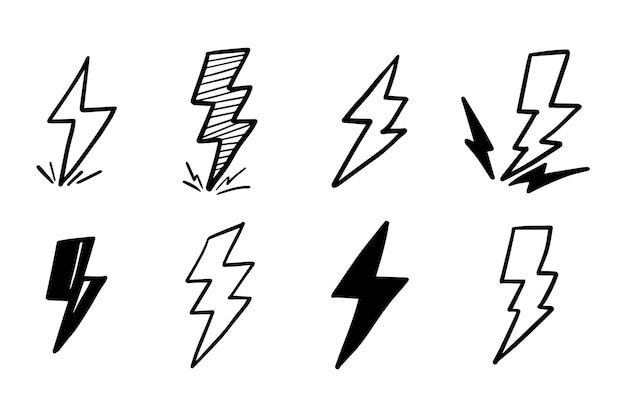 Conjunto de ilustraciones de bosquejo de símbolo de relámpago eléctrico de garabato vectorial dibujado a mano trueno.