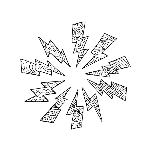 Vector conjunto de ilustraciones de bosquejo de símbolo de relámpago eléctrico de garabato vectorial dibujado a mano trueno.