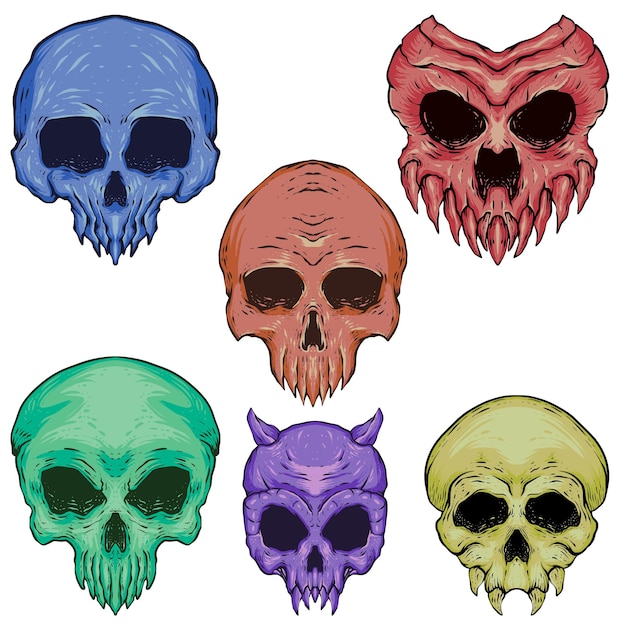 Vector conjunto de ilustraciones de la cabeza del cráneo