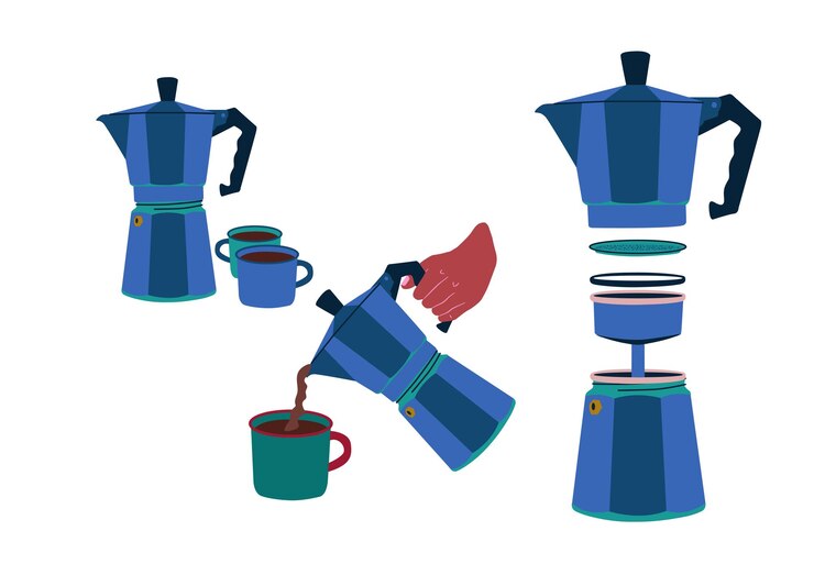 Vector conjunto de ilustraciones de cafeteras cafetera italiana con café servido a mano cafetera italiana desmontada