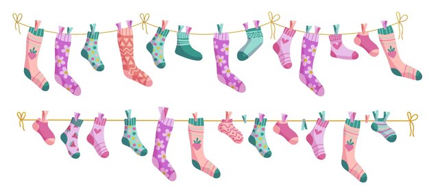 Conjunto de ilustraciones de calcetines de cuerda de ropa Calcetines en una cuerda Calcetines para bebés con patrones de dibujos animados vectoriales