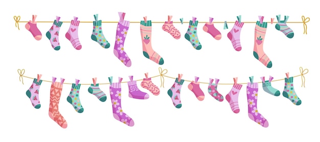 Conjunto de ilustraciones de calcetines de cuerda de ropa Calcetines en una cuerda Calcetines para bebés con patrones de dibujos animados vectoriales