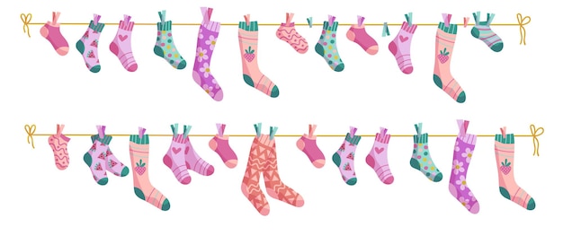 Conjunto de ilustraciones de calcetines de cuerda de ropa Calcetines en una cuerda Calcetines para bebés con patrones de dibujos animados vectoriales
