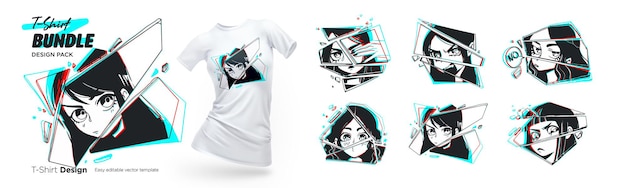 Vector conjunto de ilustraciones de camisetas de ojos de anime femeninos de cerca con efecto de vidrio roto