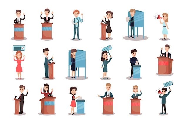 Conjunto de ilustraciones de candidatos políticos y personas que participan en la votación y el vector electoral