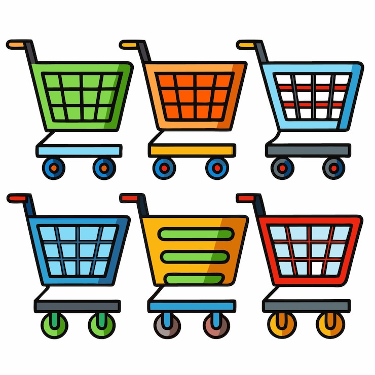 Vector conjunto de ilustraciones de carros de compras de colores