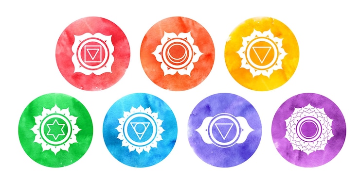 Vector conjunto de ilustraciones de chakra con fondos de círculos de textura de acuarela