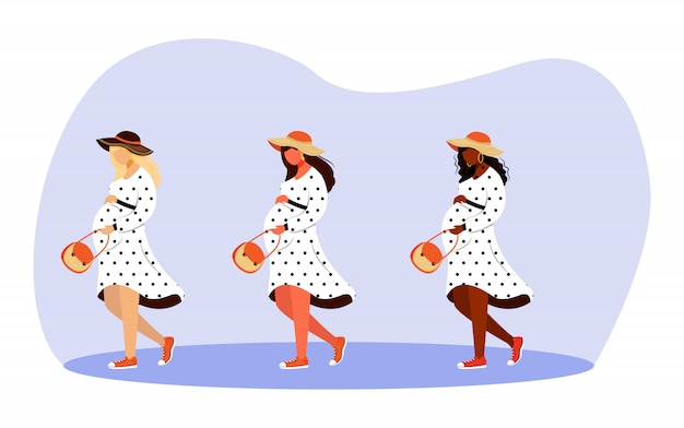 Conjunto de ilustraciones de chicas embarazadas caminando. feliz tiempo de gestación. longitud total mujeres elegantes paseando y soñando personajes de dibujos animados sobre fondo blanco.