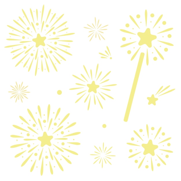 Vector el conjunto de ilustraciones de clip art de vacaciones festivas, los elementos de fuegos artificiales vectoriales, el icono de la estrella disparando, el estallido de estrellas brillantes.