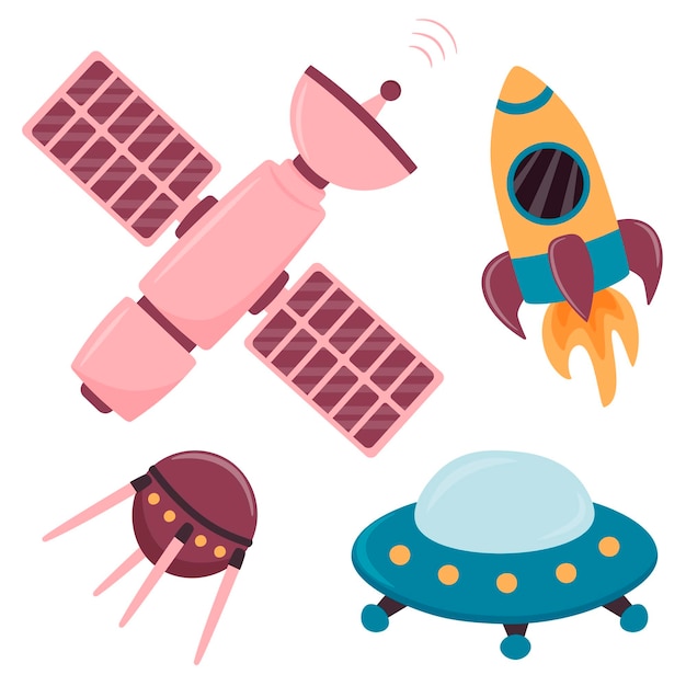 Un conjunto de ilustraciones con un cohete satelital y una nave espacial de la estación espacial.