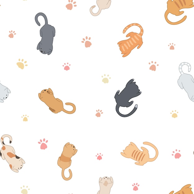 Conjunto de ilustraciones de colores vectoriales. pata y gato de patrones sin fisuras