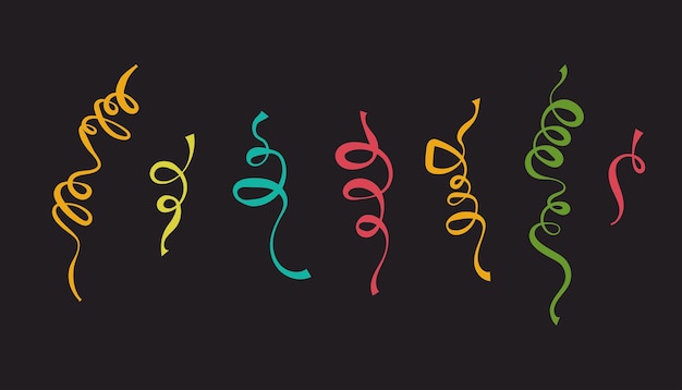 Conjunto de ilustraciones con coloridas cintas de serpiente brillantes sobre un fondo oscuro