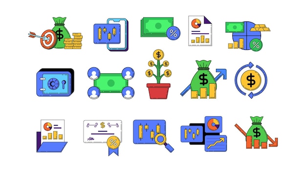 Conjunto de ilustraciones de comercio e inversión de estilo esbozado