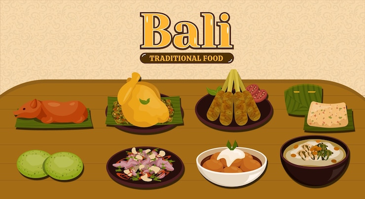 Conjunto de ilustraciones de comida tradicional de Bali