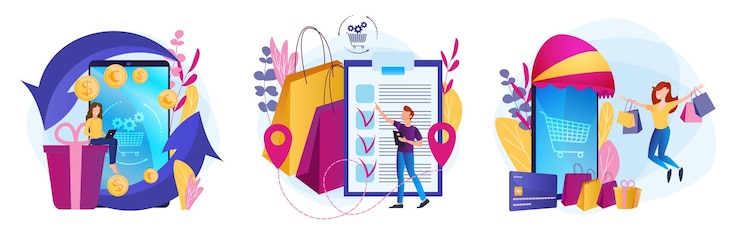 Vector conjunto de ilustraciones de compras en línea la gente feliz compra la aplicación de internet para teléfonos inteligentes en el mercado