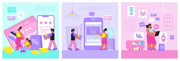 Vector conjunto de ilustraciones de compras en línea de ilustración del programa de fidelización