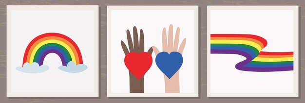 Un conjunto de ilustraciones de la comunidad LGBTQ de Manos de diferentes colores con corazones de arcoíris