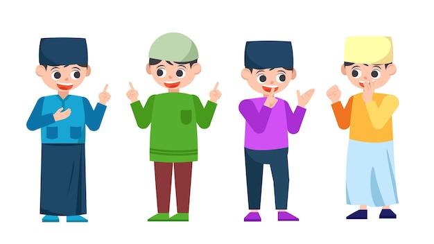 Conjunto de ilustraciones del concepto islámico de Ramadán con niños musulmanes vector plano de carácter