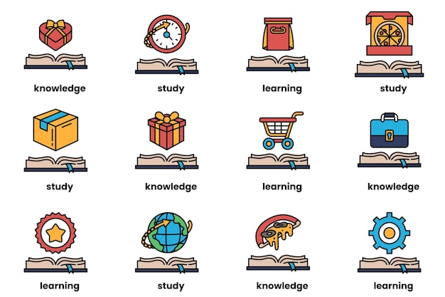 Conjunto de ilustraciones en el concepto de libros y conocimiento en un estilo de línea